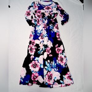Vibrant Floral Kids Dress - Black, Pink, and Blue